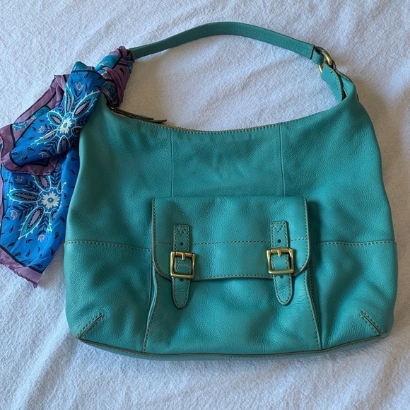 Fossil Handbags - Fossil leather shoulder bag, gold hardware, scarf detail.